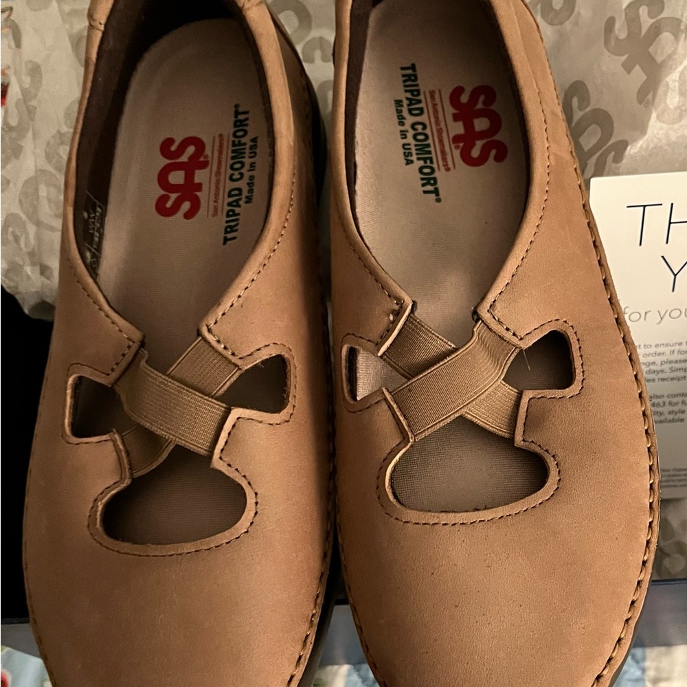 SAS Tan Leather Flats with Strap Detail